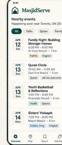 The MasjidServe app's nearby-events discovery screen